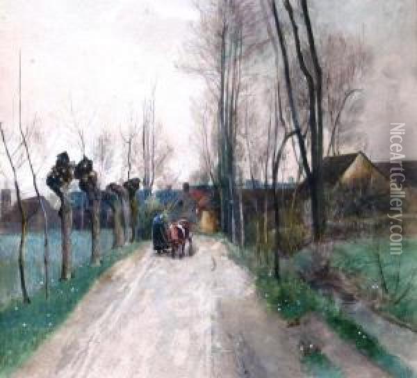 French Rural Scene With Woman And Cow On A Tree-lined Roadway With Dwellings In The Background Oil Painting - Emmie Stewart Wood