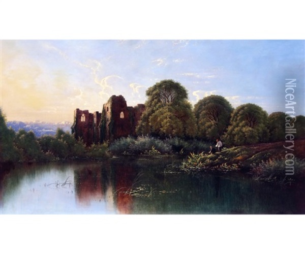 Landscape With Ruined Abbey Oil Painting - Edwin Henry Boddington
