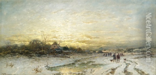 Abendliche Winterlandschaft Mit Jagdgesellschaft Oil Painting - Desire Thomassin