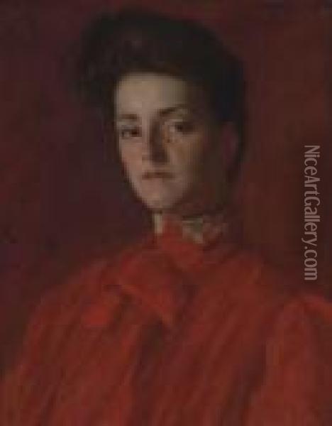 A Lady In Red Oil Painting - William Merritt Chase