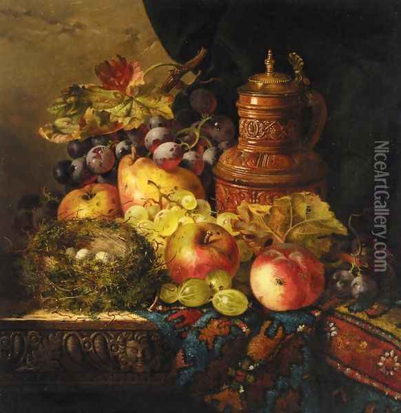 Still Life with Pears, Apples and Grapes, a Bird's Nest and a Jug Oil Painting - Ellen Ladell
