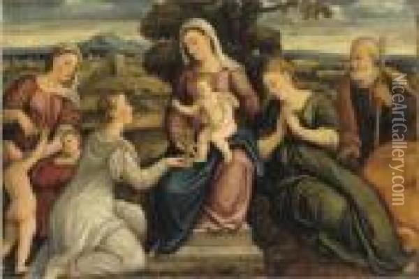 Sacra Famiglia Con Fede, Speranza E Carita Oil Painting - Bonifacio Veronese (Pitati)