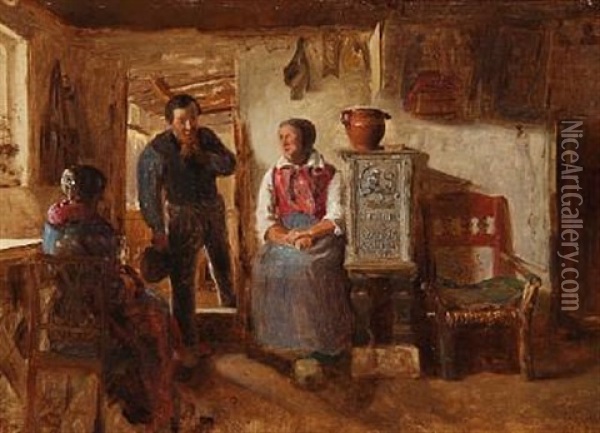 Interior From A Farm House With A Peasant Entering A Room, Where Two Women Are Sitting Oil Painting - Hermann Carl Siegumfeldt