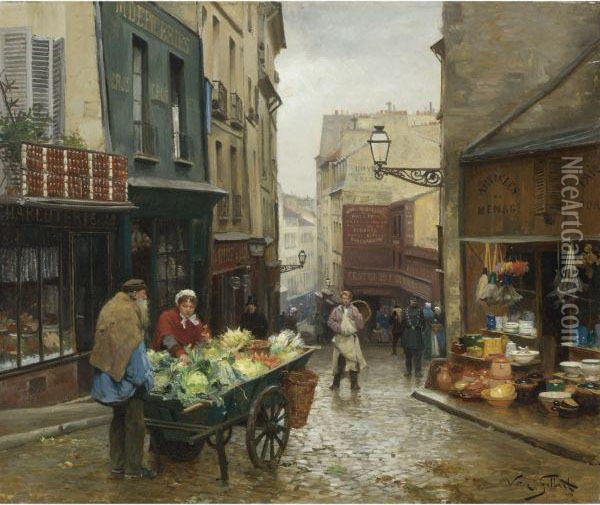 Market On The Rue Mouffetard, Paris Oil Painting - Victor-Gabriel Gilbert