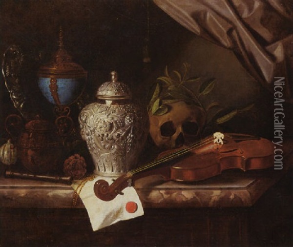 A Vanitas Still Life With Violin, Recorder, A Skull Draped With Laurel Branches And A Silver Ginger Jar On Marble Ledge Oil Painting - Pieter Gerritsz van Roestraten