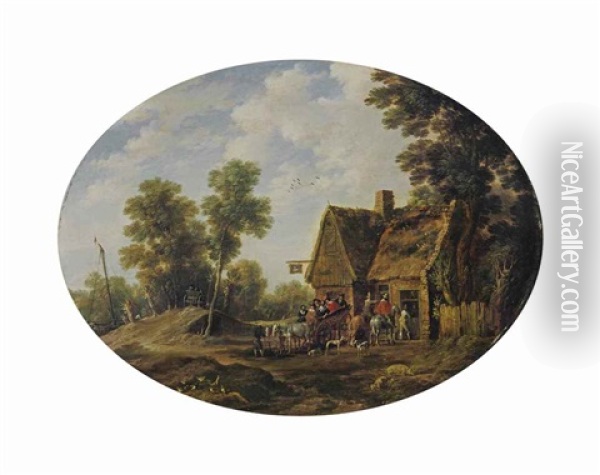 A Wooded Landscape With Travellers Halting By An Inn Oil Painting - Gillis (Egidius I) Peeters