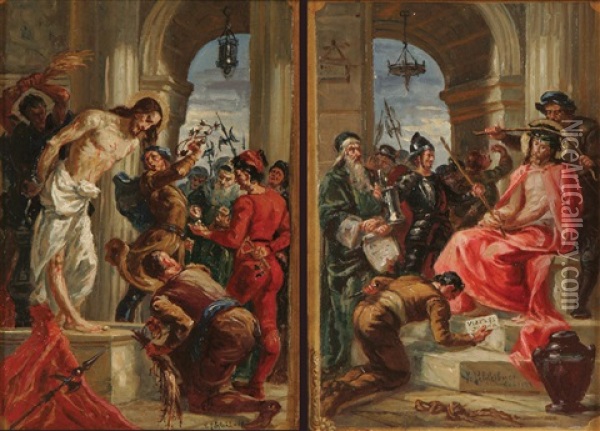 Flagellation Of Christ (+ The Crowning Of Thorns; Pair) Oil Painting - Kaspar Schleibner