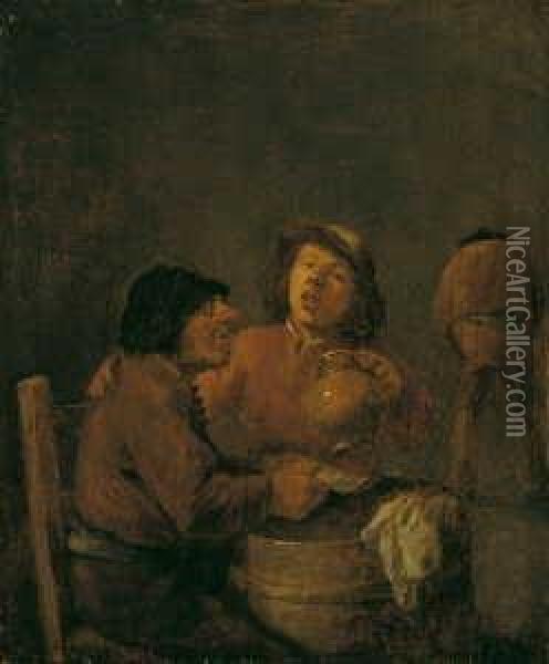 Werkstatt Trinkende Bauern. Ol Auf Holz. H 22; B 18 Cm Oil Painting - David The Younger Teniers