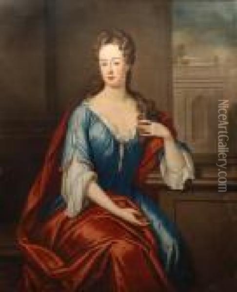 Portrait Of A Lady Wearing Blue Dress And Redcloak Oil Painting - William Wissing or Wissmig