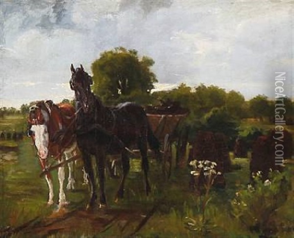 To Heste Forspaendt En Torvogn I En Mose Ved Vester Egede Oil Painting - Theodor Philipsen