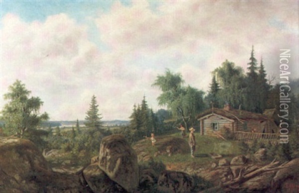 Landskap Med Gard Och Figurer Oil Painting - Edward (Johan-Edvard) Bergh