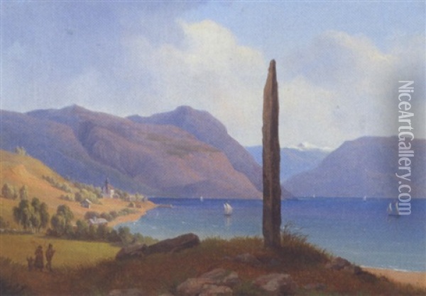 En Hostarbejderfamile Og En Stor Klippeblok Ved En So Oil Painting - Gustaf Wilhelm Palm