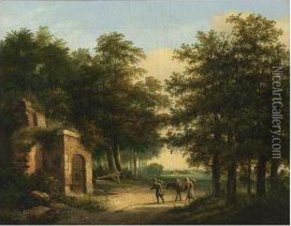 Travellers In A Wooded Landscape Arriving At A Ruin Oil Painting - Henricus Franziscus Wiertz
