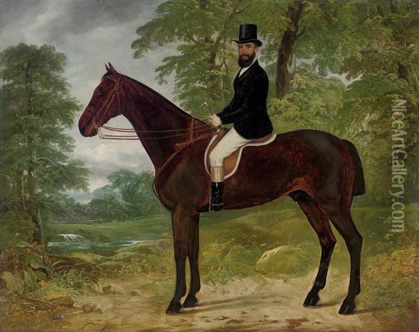 Portrait Of A Gentleman With His Hunter, In A Woodedlandscape Oil Painting - Charles Hancock