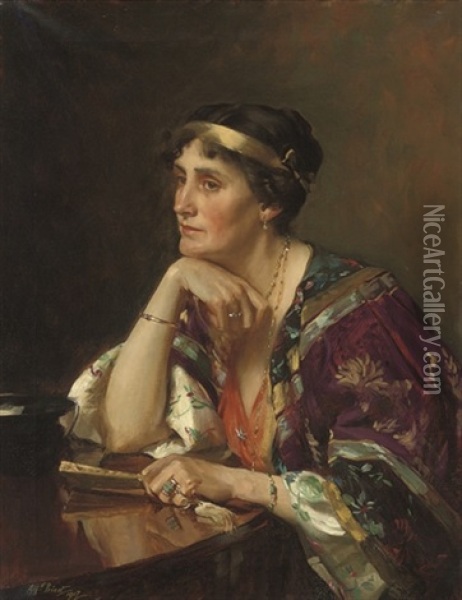 A Portrait Of Mrs Radcliffe, At A Table In An Oriental Gown Oil Painting - Alfred Priest