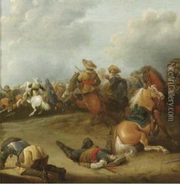 A Cavalry Battle: A Fragment Oil Painting - Palamedes Palamedesz. (Stevaerts, Stevens)