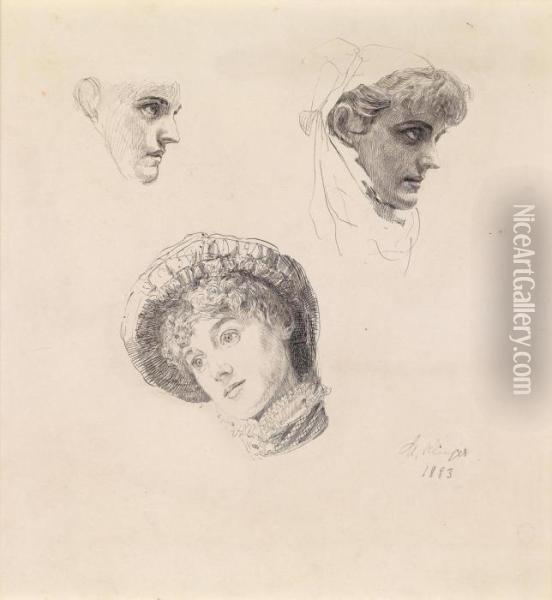 Three-quarter Andprofile Studies Of A Woman With Hat Oil Painting - Max Klinger