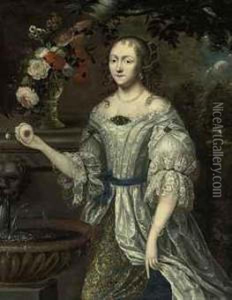 Portrait Of A Lady Traditionally
 Identified As Madame Ninon Delenclos (1620-1705), Three-quarter-length,
 In A Lace-trimmed Blueand Gray Dress, With Roses, Narcissi And Other 
Flowers In A Roemeron A Ledge, Beside A Classical Fountain Oil Painting - Henri Gascard