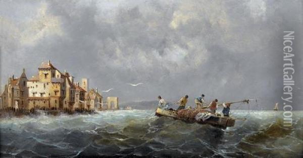 Bemanntes Boot Auf Sturmischer See Bei Pittoresker Stadt Oil Painting - A. Rueff