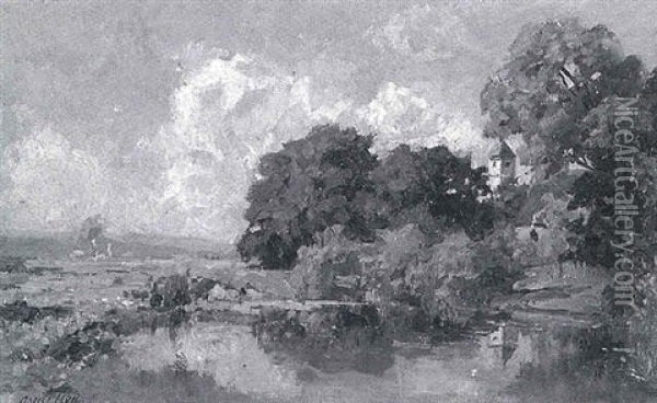 Landschaft Mit Teich Oil Painting - Oskar Leu
