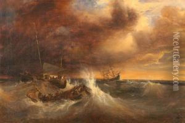 Three Ships In A Stormy Sea Oil Painting - Ivan Konstantinovich Aivazovsky