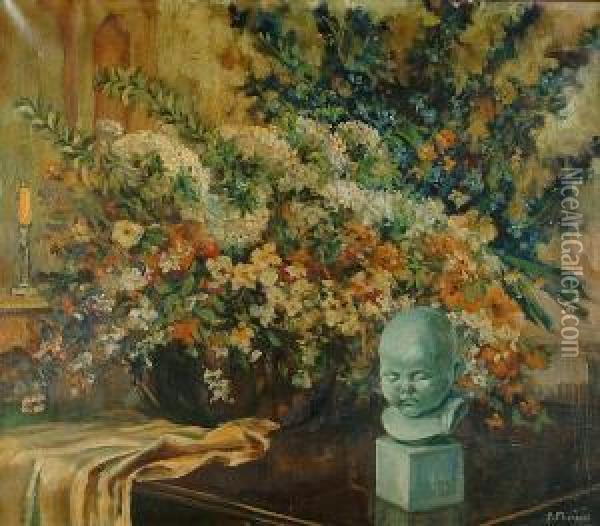 Vase Of Flowers With Statue Oil Painting - Rene Morren