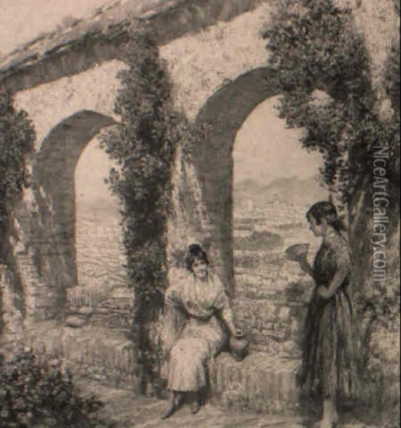 Spanish Girls By An Archway Overlooking A Town Oil Painting - Arthur Trevor Haddon