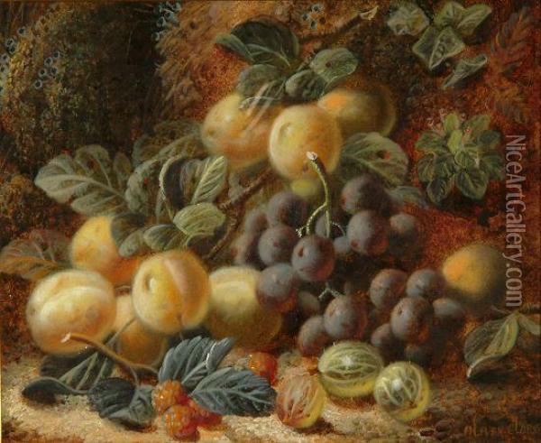 Still Life - Peaches, Grapes, Gooseberries And Raspberries On A Mossy Bank Oil Painting - Oliver Clare