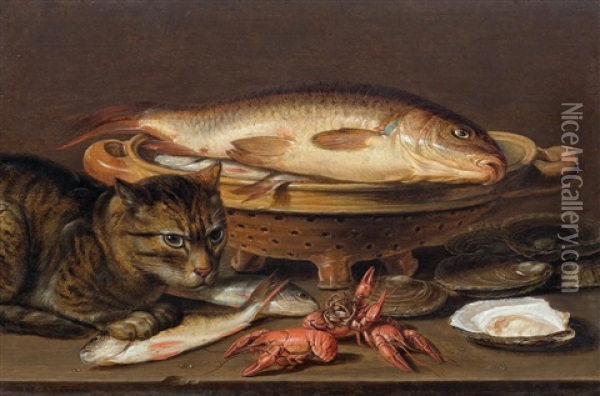 Still Life With Cat, Fish, Oysters And Crayfish Oil Painting - Clara Peeters
