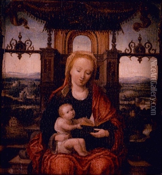 The Virgin And Child Enthroned, With An Extensive River Landscape Beyond Oil Painting - Adriaen Isenbrant