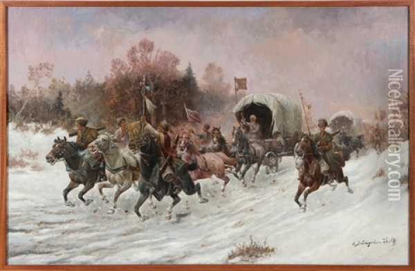Riding Cossacks With Carriage In Snowy Landscape Oil Painting - Adolf (Constantin) Baumgartner-Stoiloff