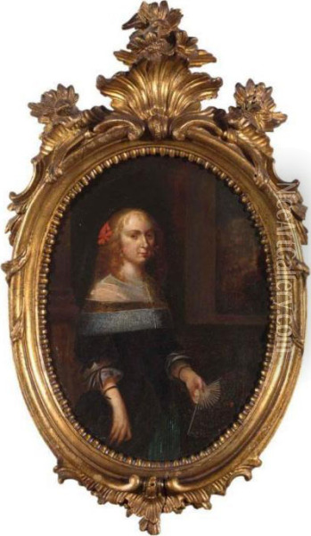 A Portrait Of A Lady, Standing 
Three-quarter Length, Wearing A Black Dress With A Lace Collar And Cuffs
 Holding A Fan Oil Painting - Gerard Terborch