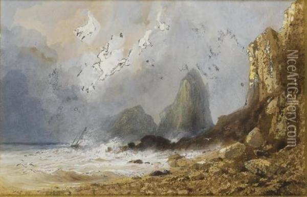 Scene De Tempete Sur Une Cote Avec Des Falaises, Un Bateau A L'horizon Oil Painting - Hippolyte Gabriel Lebas