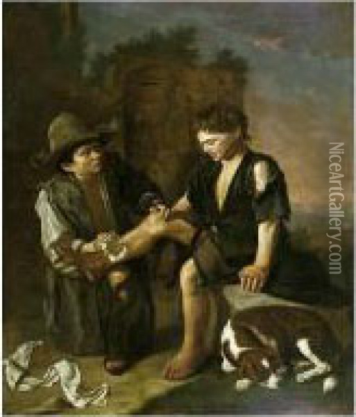 A Landscape With Two Beggar-boys And A Dog Beside Architectural Ruins Oil Painting - Pedro Nunez De Villavicencio