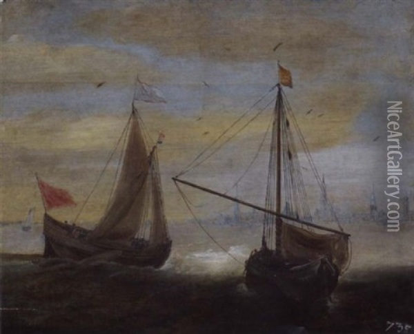 Zwei Fischerboote Auf Der Schelde Bei Bewegter See, Mit Blick Auf Antwerpen Oil Painting - Jan Peeters the Elder