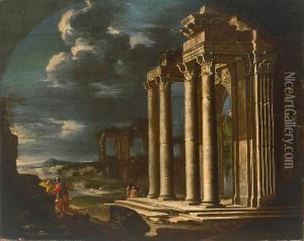 An Architectural Capriccio With Two Figures In The Foreground Oil Painting - Alberto Carlieri