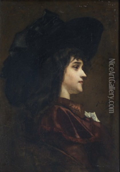 Jeune Femme De Profil Au Chapeau Noir Oil Painting - Jules Adolphe Goupil