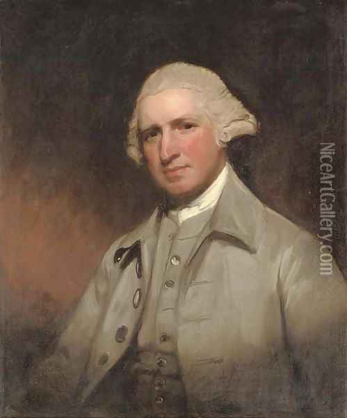Portrait of Sir Bankes Jenkinson, 6th Bt. (d.1789), half-length in a grey coat and waistcoat Oil Painting - George Romney
