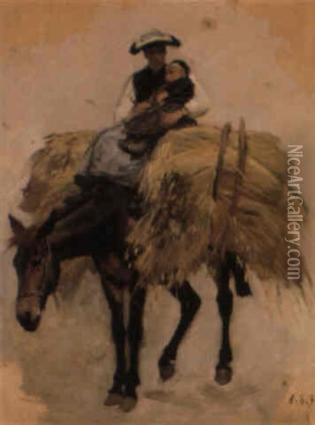 Mutter Mit Kind Auf Esel Oil Painting - Edouard John E. Ravel