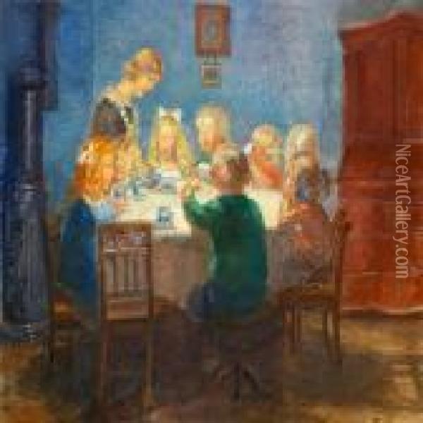 A Blue Interior With Children's Party At Skagen Oil Painting - Anna Ancher