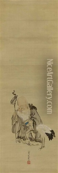 Der Glucksgott Fukurokuju Mit Knotenstock Und Schriftrolle, Neben Ihm Ein Kranich Oil Painting - Haruki Nanmei