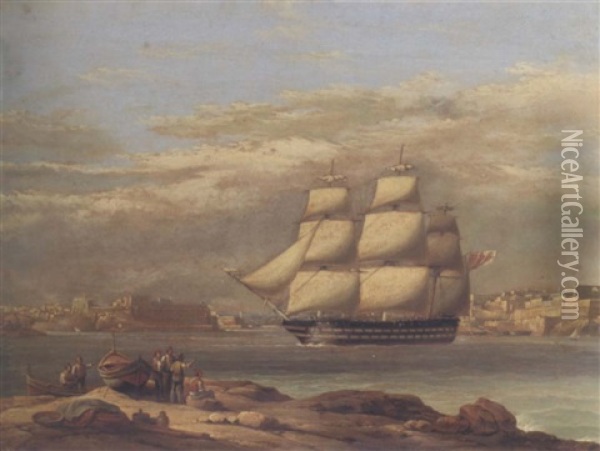 A British Ship Entering Valetta Harbour Oil Painting - Giovanni Jean Schranz