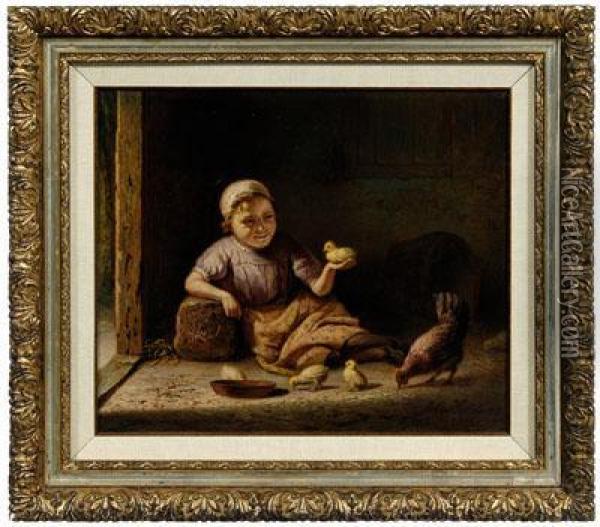 Young Girl Seated In A Barn With Chickens Oil Painting - Johannes Helder