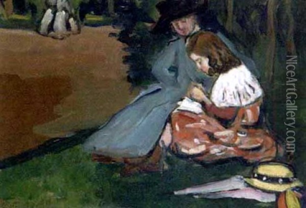 Au Parc, La Lecon De Couture Oil Painting - Fernand Piet