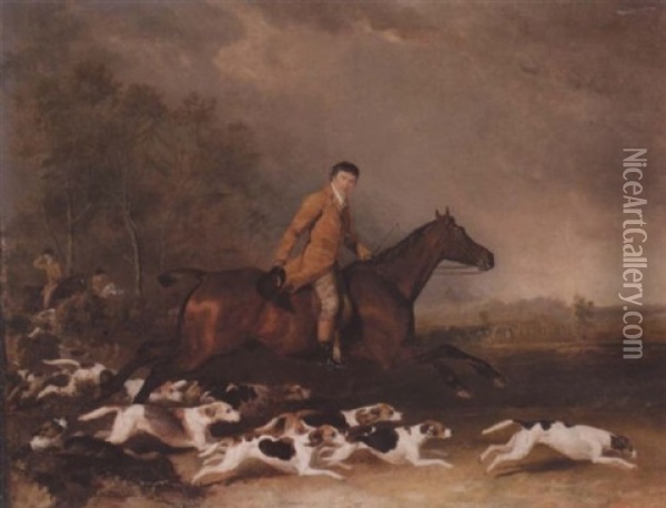 Portrait Of Thomas Oldachre Mounted On A Chestnut Hunter With Hounds In A Landscape Oil Painting - Abraham Cooper