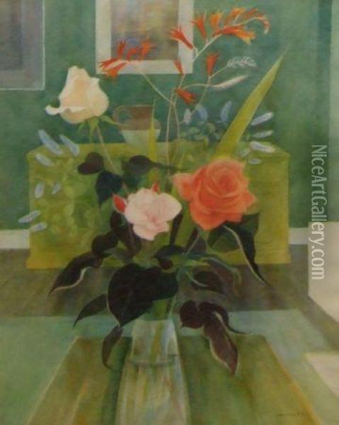 Still Life Study Of Roses In A Vase - Room Setting Oil Painting - John Minton Connell