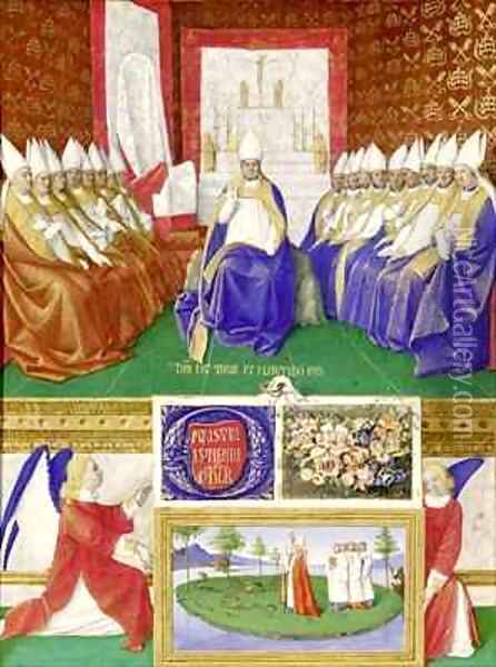 St Hilary of Poitiers Presiding over a Council from the Hours of Etienne Chevalier Oil Painting - Jean Fouquet
