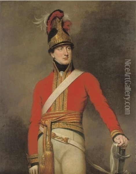 Portrait Of An Officer Of The 1st King's Dragoon Guards Wearing The Regiment's Waterloo Helmet Oil Painting - George Dawe