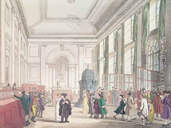 Bank of England, Great Hall, from Ackermanns Microcosm of London Oil Painting - T. Rowlandson & A.C. Pugin