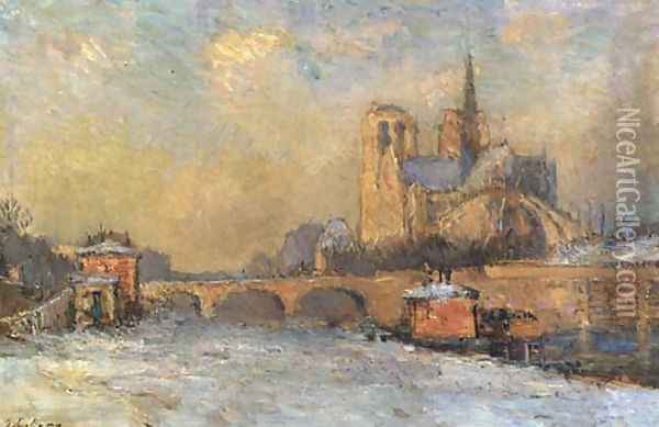Notre-Dame and Seine, Winter Oil Painting - Albert Lebourg